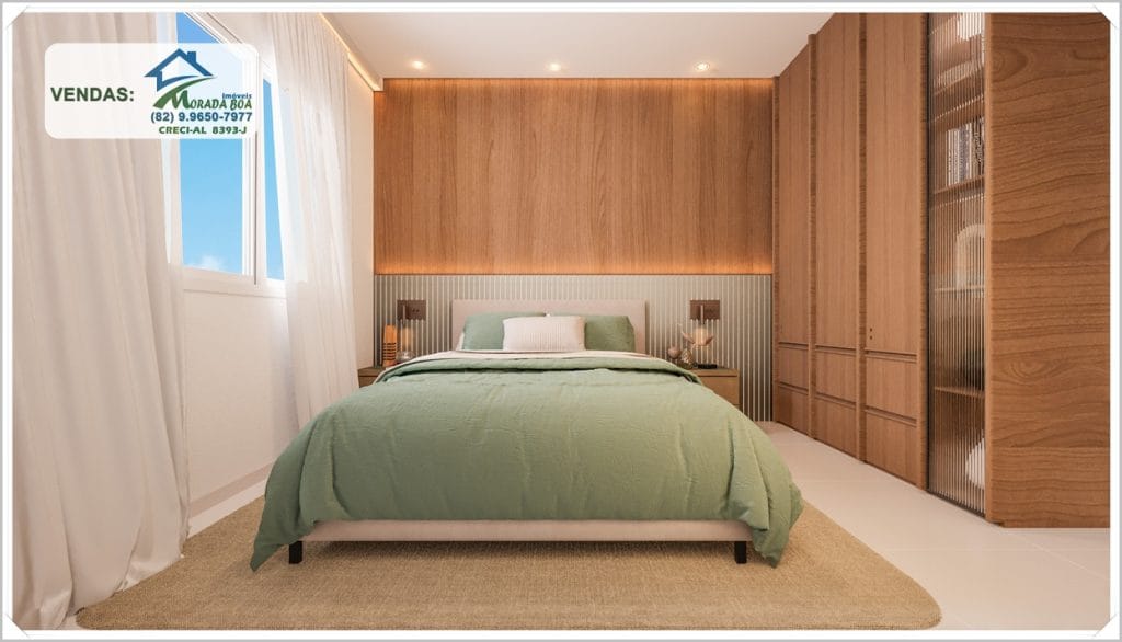 Quarto moderno com cama de casal, decoração em tons claros, iluminação suave e armário de madeira ao fundo.