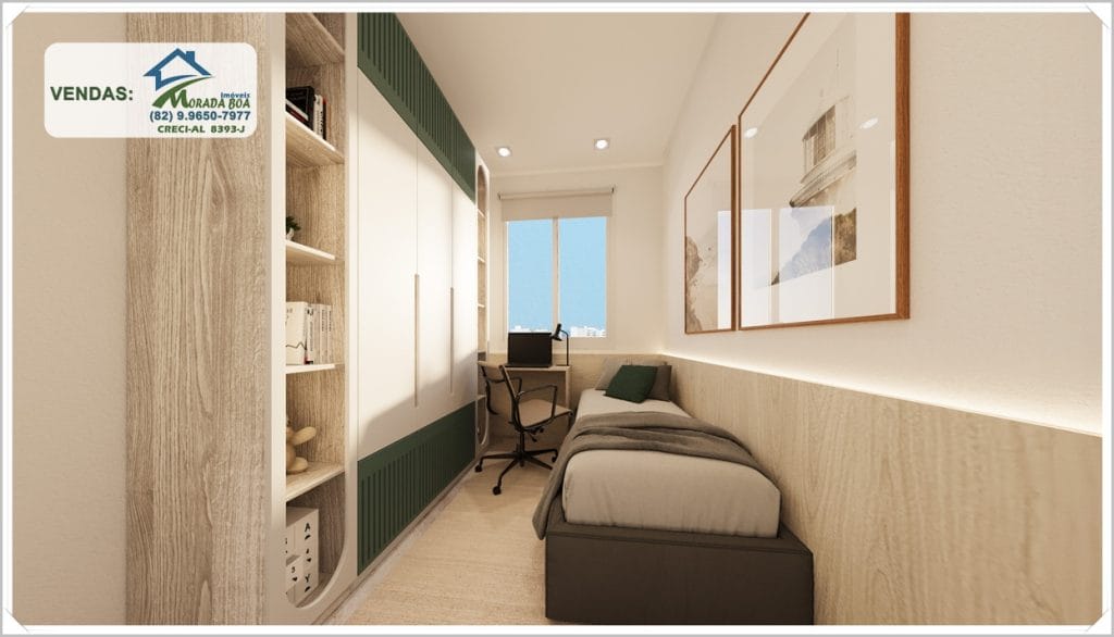 Quarto moderno com cama de solteiro, mesa de trabalho, prateleiras e grandes janelas, em tons neutros e verde suave.