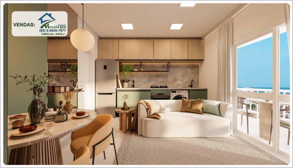Sala moderna com sofá claro, mesa de jantar com cadeiras, cozinha integrada e janelas amplas trazendo luz natural. Vista para o mar.