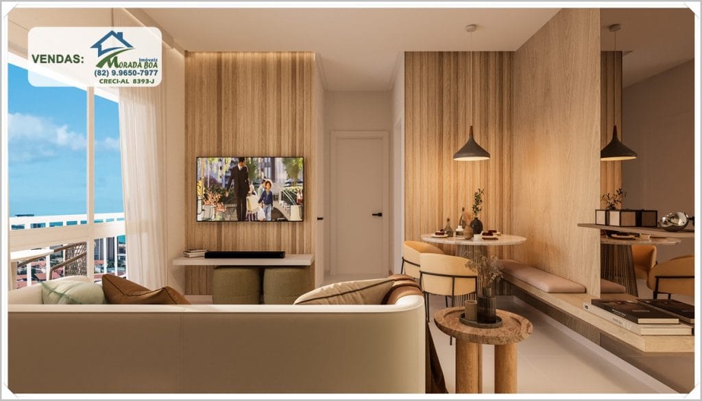Sala de estar moderna com sofá claro, TV na parede, janelas amplas e detalhes em madeira, criando ambiente aconchegante e iluminado.