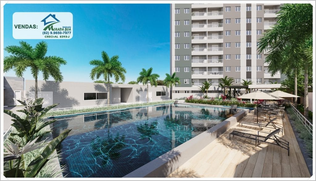 Piscina ampla com área de descanso, cercada por palmeiras e apartamentos modernos ao fundo, em ambiente claro e convidativo.