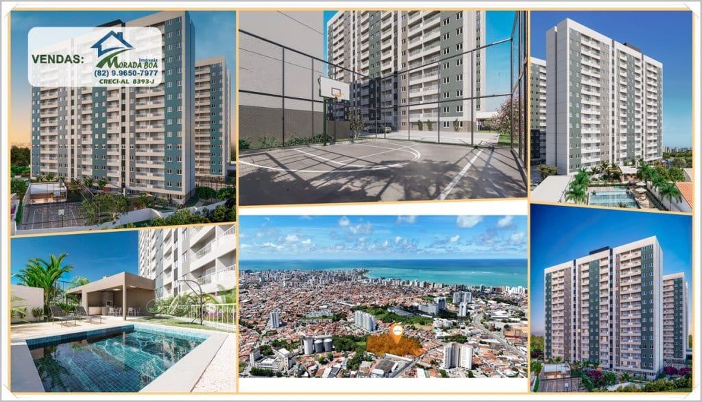 Residencial moderno com piscina, quadra de esportes e vista da cidade. Edifícios altos em tons de cinza e azul. Espaços ao ar livre.