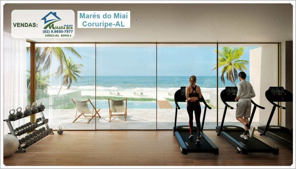 Academia com vista do mar no empreendimento Marés do MiáI, Coruripe-AL, com equipamentos de treino