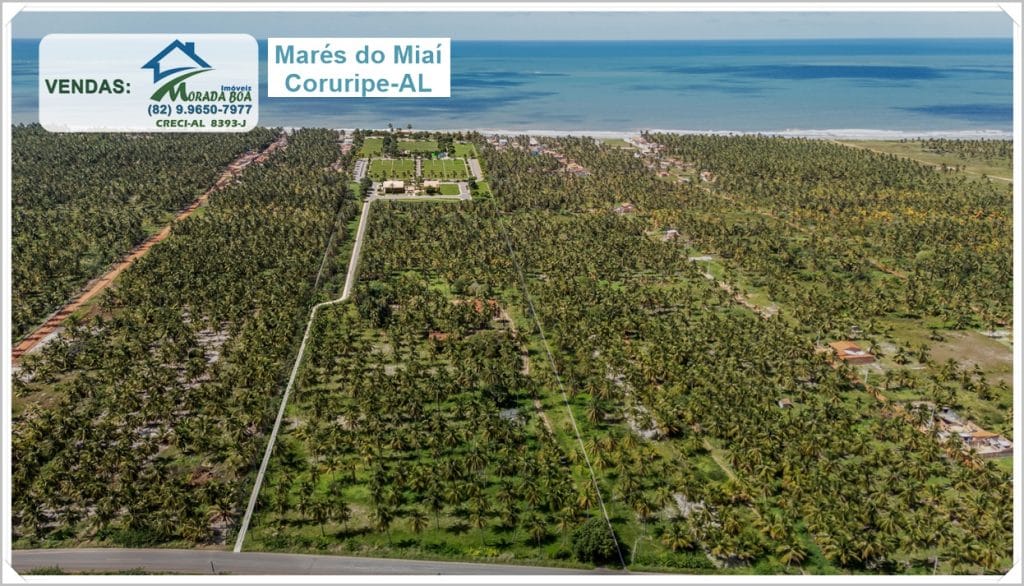 Mares do Miai Coruripe-AL: vista aérea de lotes residenciais e vegetação ao litoral
