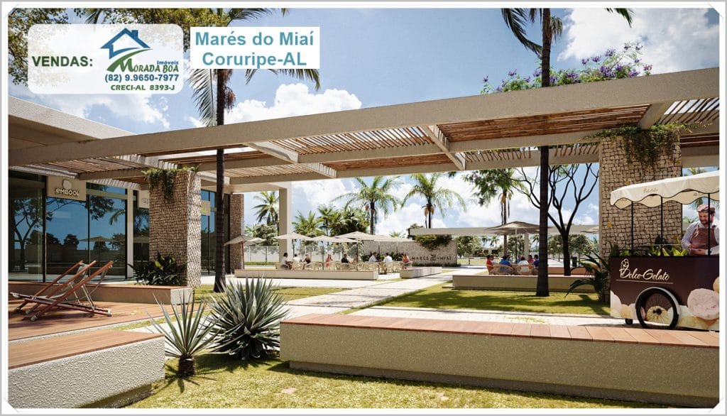 Marés do Miai Coruripe-AL: área de lazer com pergolado, jardim e quiosque à beira-mar