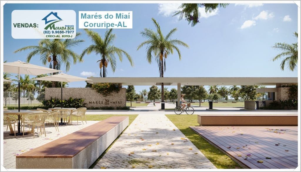 Área externa do empreendimento Marés do Miai em Coruripe-AL, com placa “Marés do Miai Coruripe-AL”