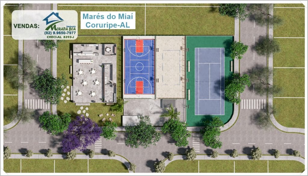 Planta humanizada do empreendimento Marés do Miai Coruripe-AL com quadras esportivas e áreas de lazer