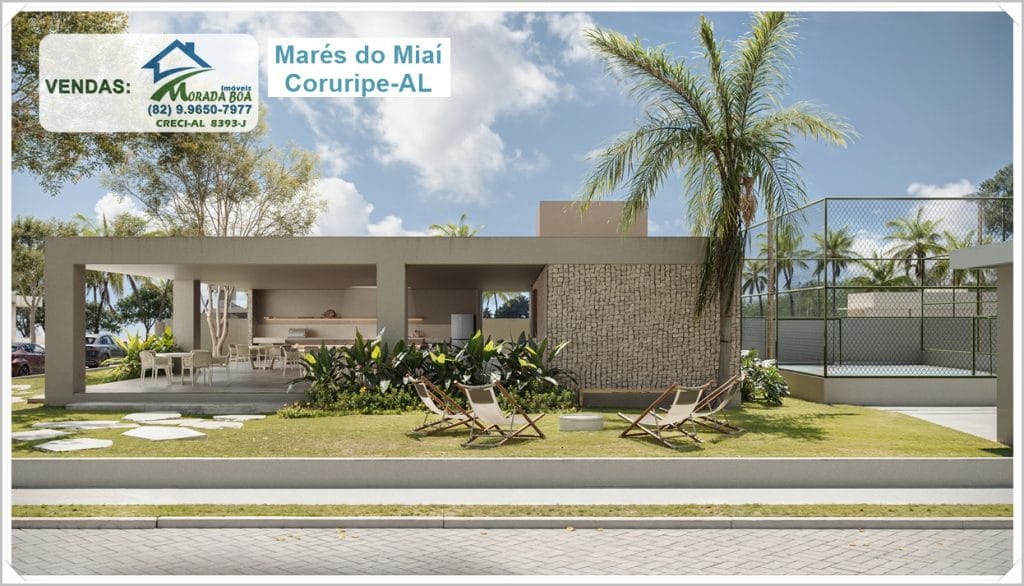 Marés do Miai Coruripe-AL: área de lazer com cadeiras; vendas (82) 9.9650-7977, CRECI 8393-J