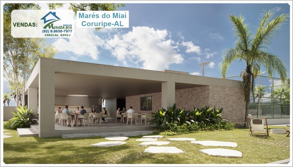 Salão do Marés do Miai Coruripe-AL, área externa ajardinada; Vendas Morada Boa Imóveis