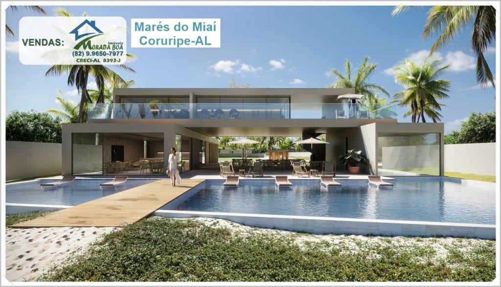 Piscina e salão do empreendimento Marés do Miai, Coruripe-AL, com palmeiras e cenário beira-mar