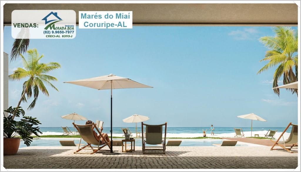 Marés do Miai Coruripe-AL: área de lazer à beira-mar com espreguiçadeiras e guarda-sóis