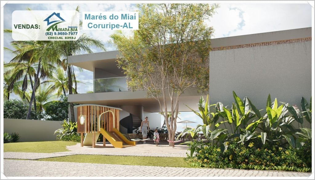 Mares do Miai Coruripe-AL: área do clube com jardim e anúncio de vendas da Morada Boa Imóveis