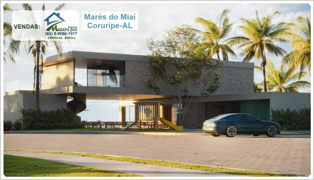 Fachada do empreendimento Marés do Míai Coruripe-AL com placa “VENDAS: Morada Boa Imóveis”